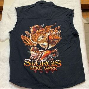 Sturgis Bike Week 2007 Button Front Black Frayed Seams Sleeveless Shirt 2XL XXL